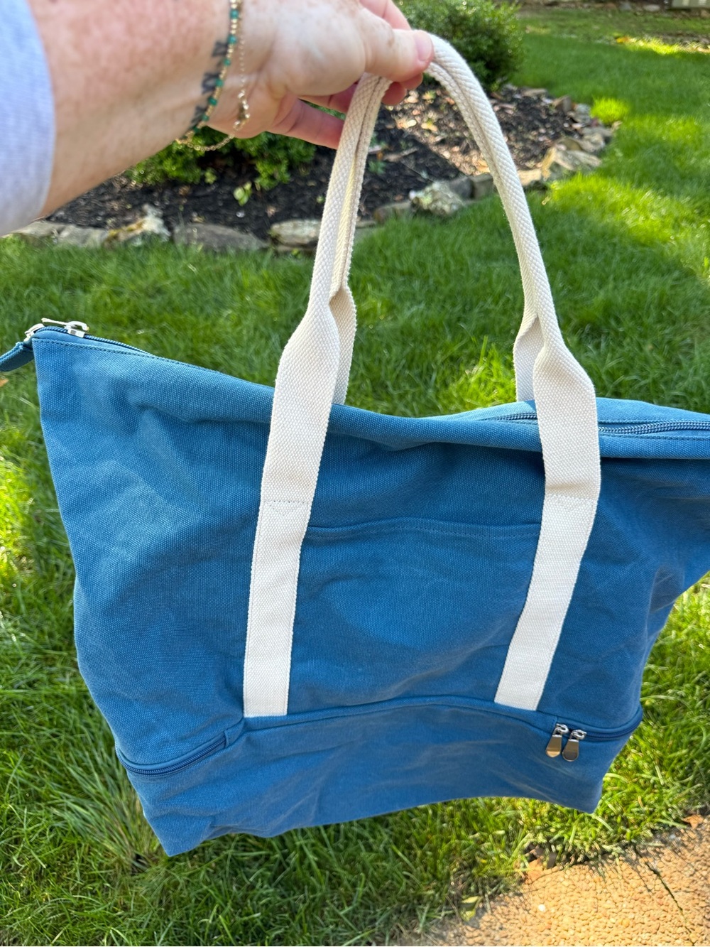 Lo & Sons Blue Canvas Tote with Cream Handles